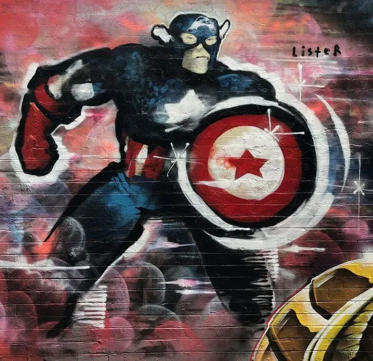 Schildering van Captain America door Anthony Lister op bakstenen muur