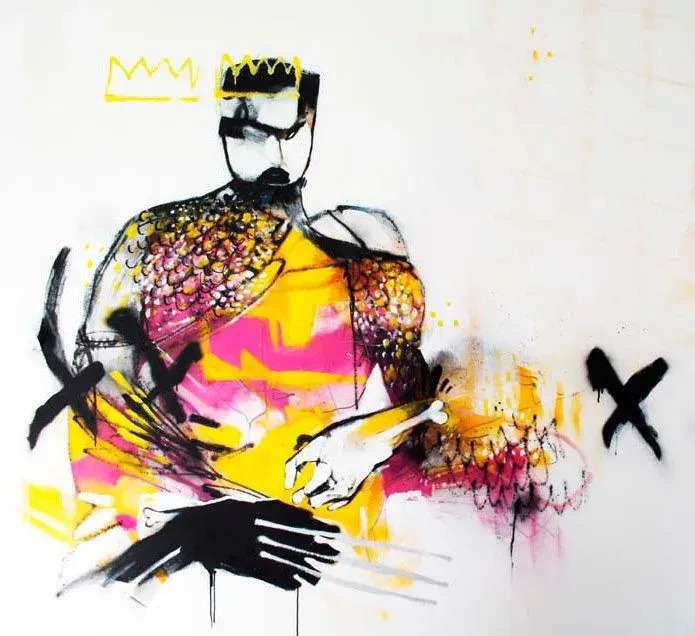 Kleurrijk kunstwerk van Anthony Lister met gekroond superheldenfiguur en klauwen